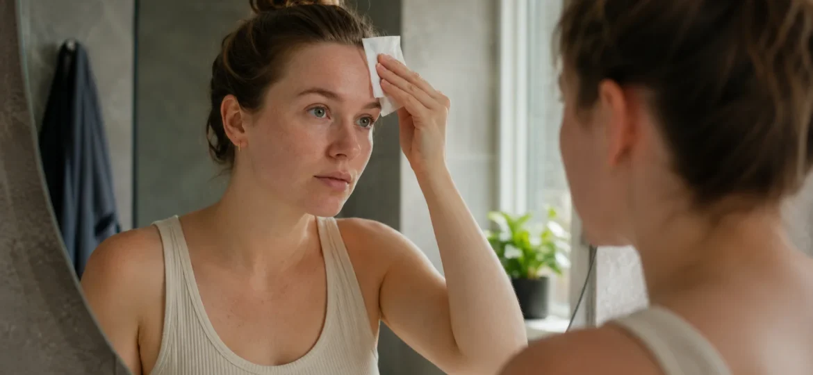 Kvinde tjekker sin hudtype med tissue-test på panden foran spejlet efter rensning