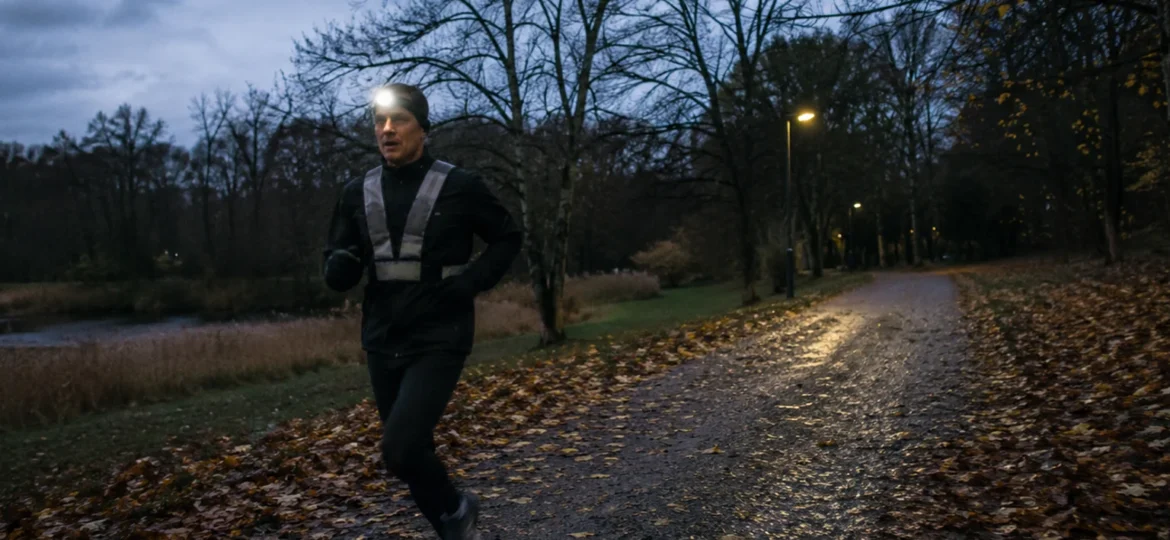 Løber med refleksvest og pandelampe på våd bladdækket sti i tusmørke