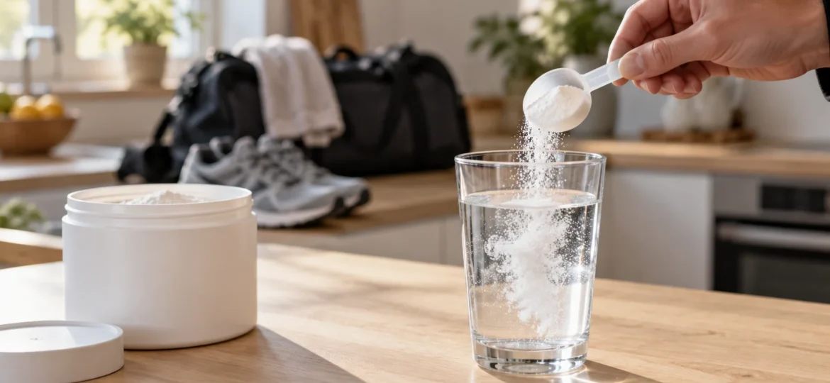 Kreatinpulver hældes i et glas vand på et køkkenbord